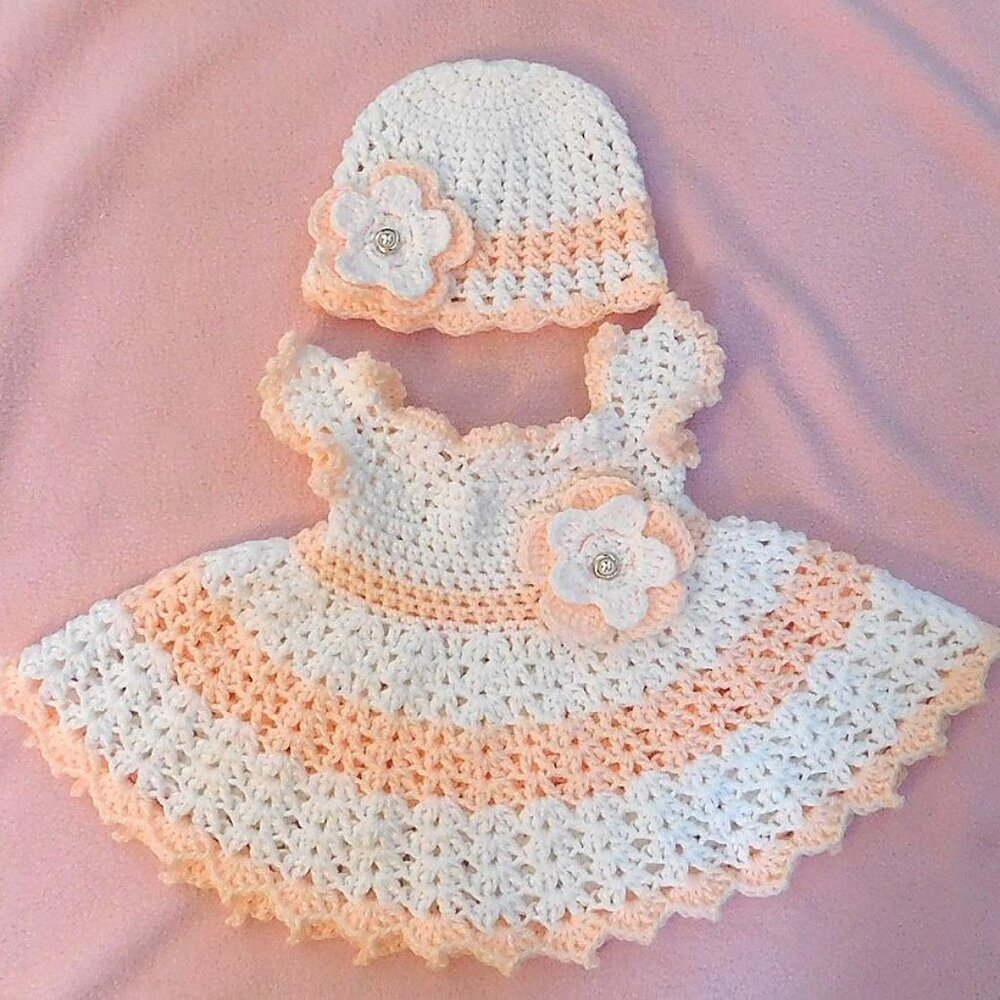 Crochet Baby Dress Handmade, Fits 0-3 Month, Baby Shower Gift, Flower Dress